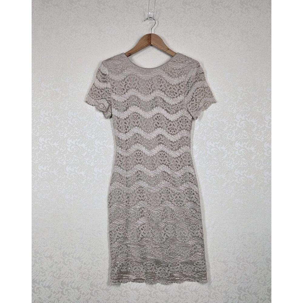 Vintage 90s Lace Cocktail Dress Metallic Beige Taupe Scalloped Hem Fitted Party